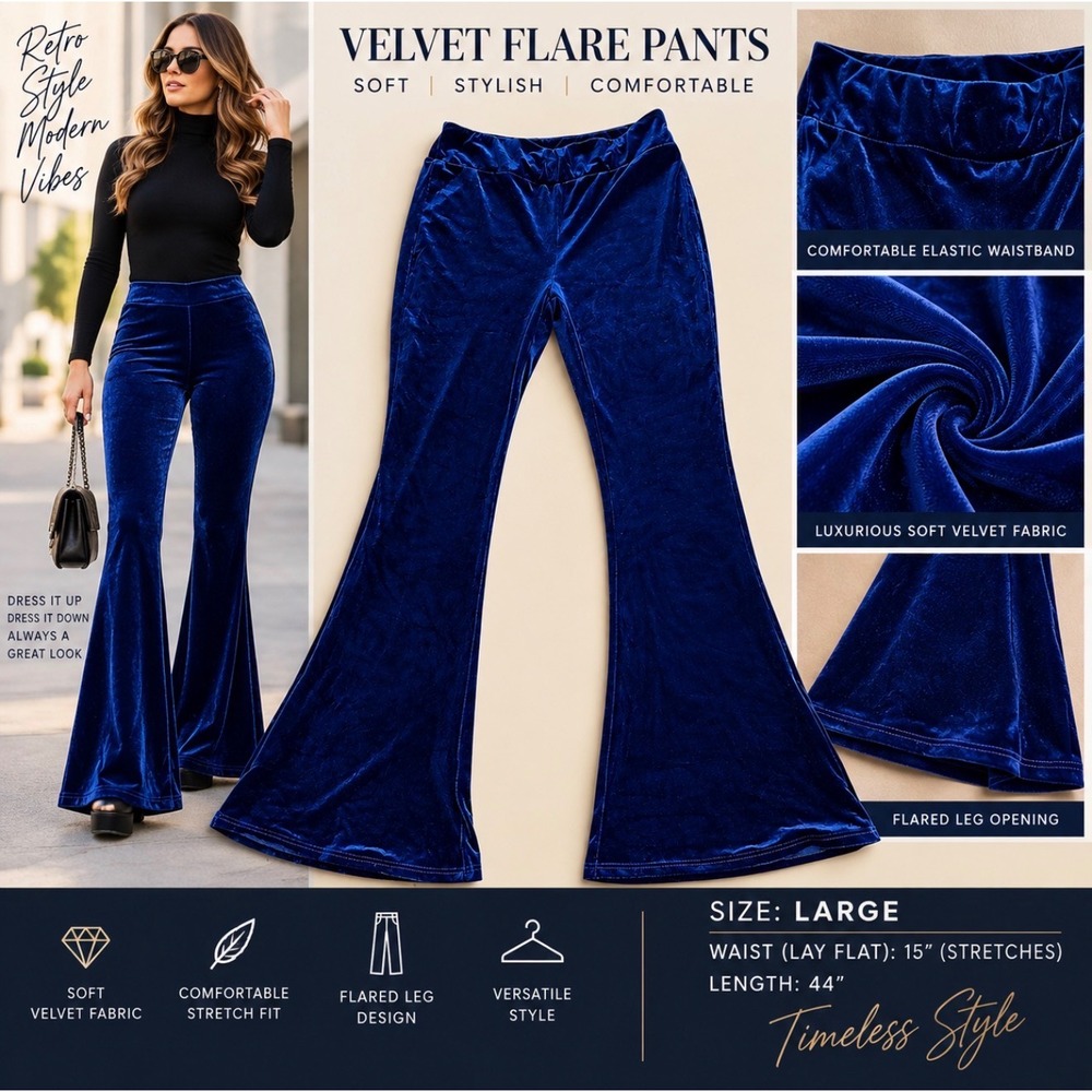 Ellie & Kate Velvet Flare Pants Womens Large Royal Blue Bell Bottom Stretch 70s